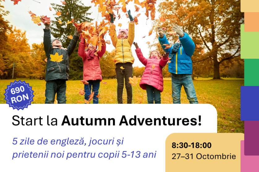 Copii veseli aruncând frunze în parc, la tabăra urbană de engleză Autumn Adventures organizată de English Kids Academy în București.