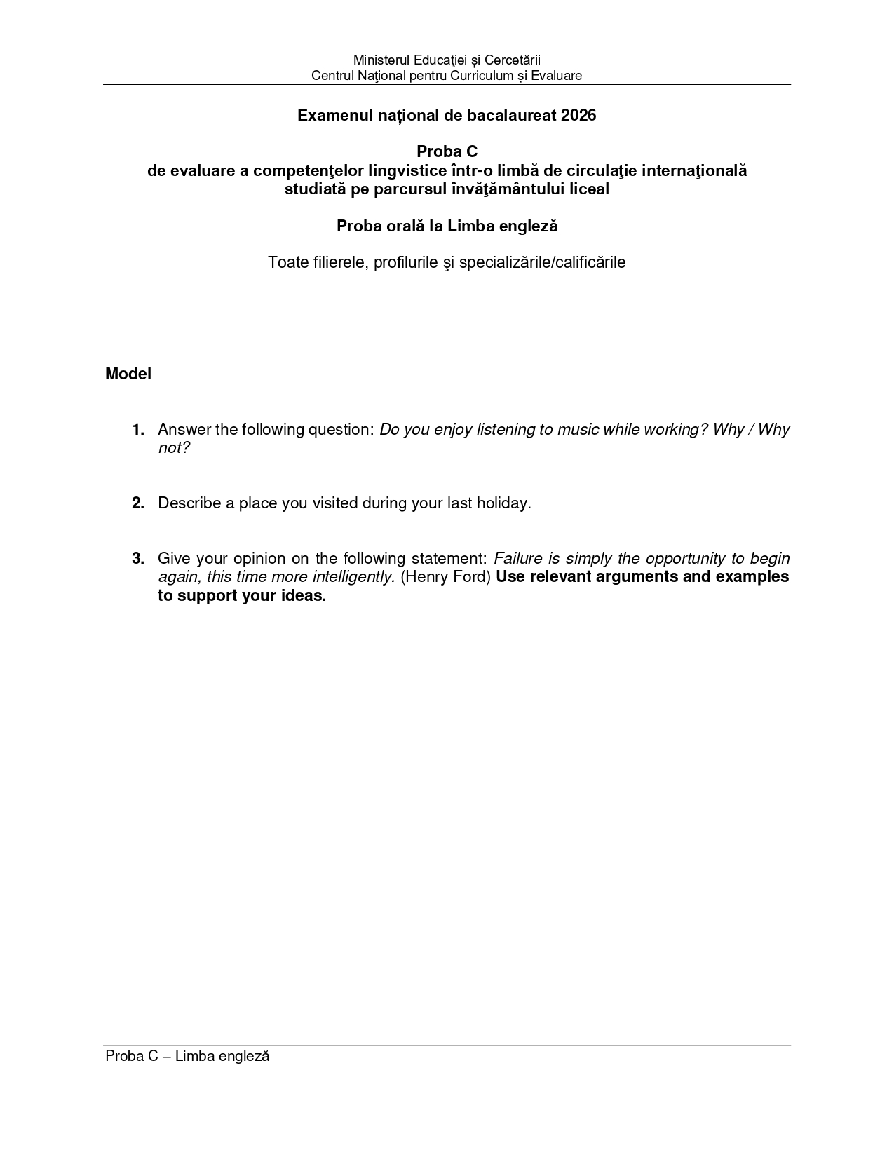 Model examen oral engleză 2026