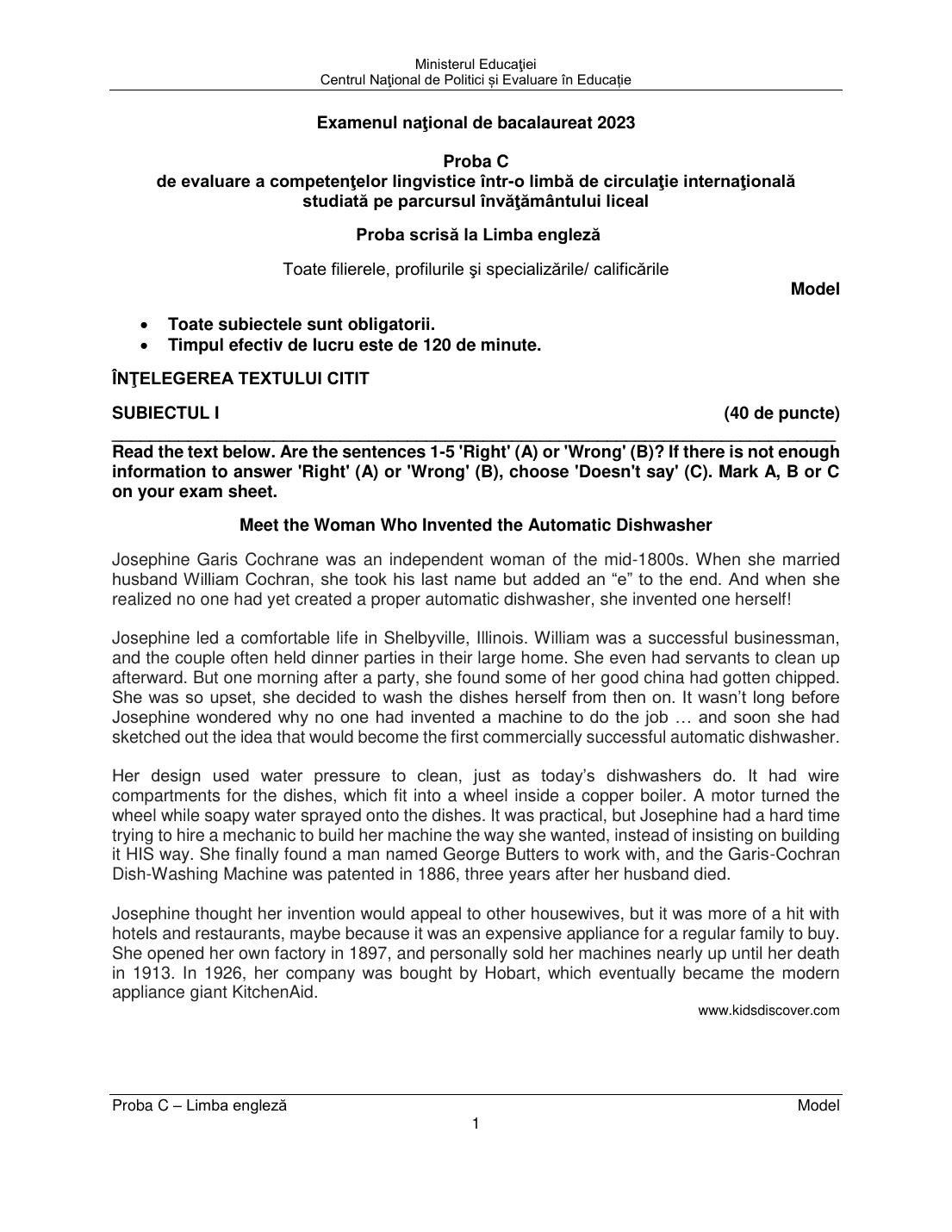Model probă scrisă engleză 2023 - pagina 1