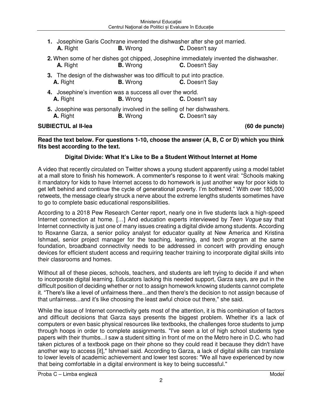 Model probă scrisă engleză 2023 - pagina 2