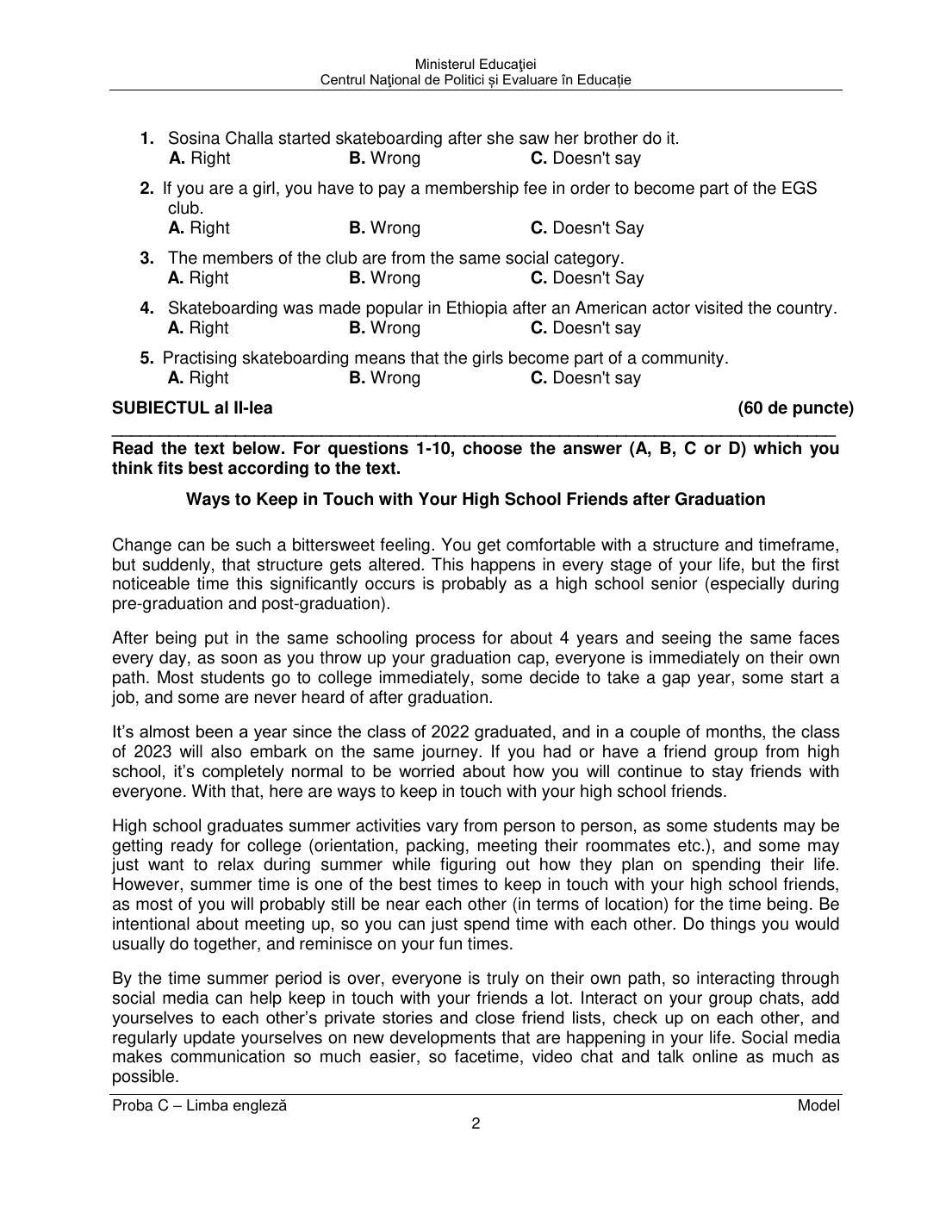 Model probă scrisă engleză 2025 - pagina 2