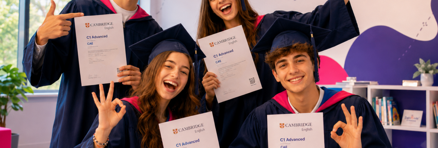 Adolescenți 15+ ani în robe de absolvire cu certificate Cambridge C1 Advanced CAE la English Kids Academy