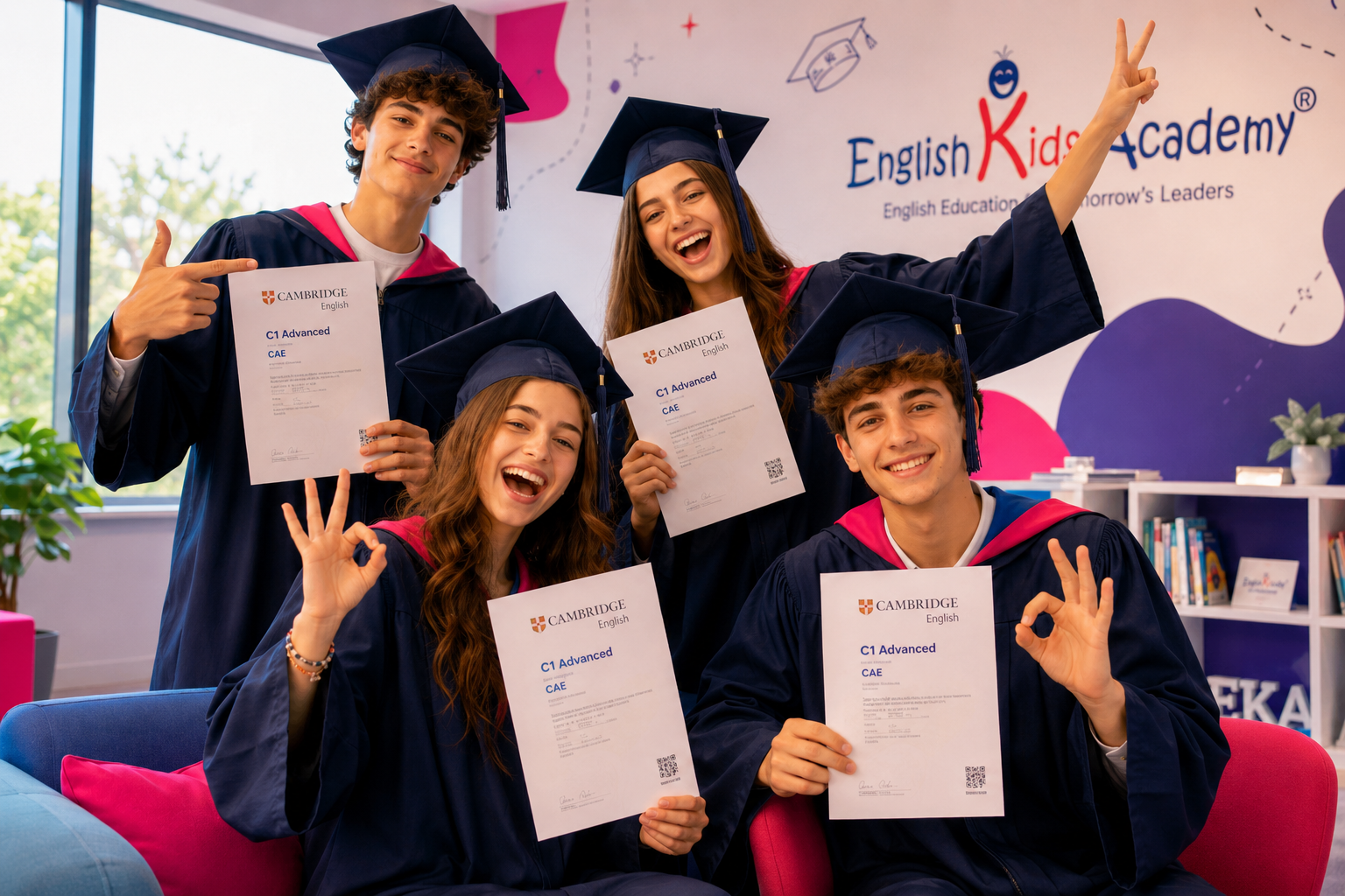 Adolescenți 15+ ani în robe de absolvire cu certificate Cambridge C1 Advanced CAE la English Kids Academy