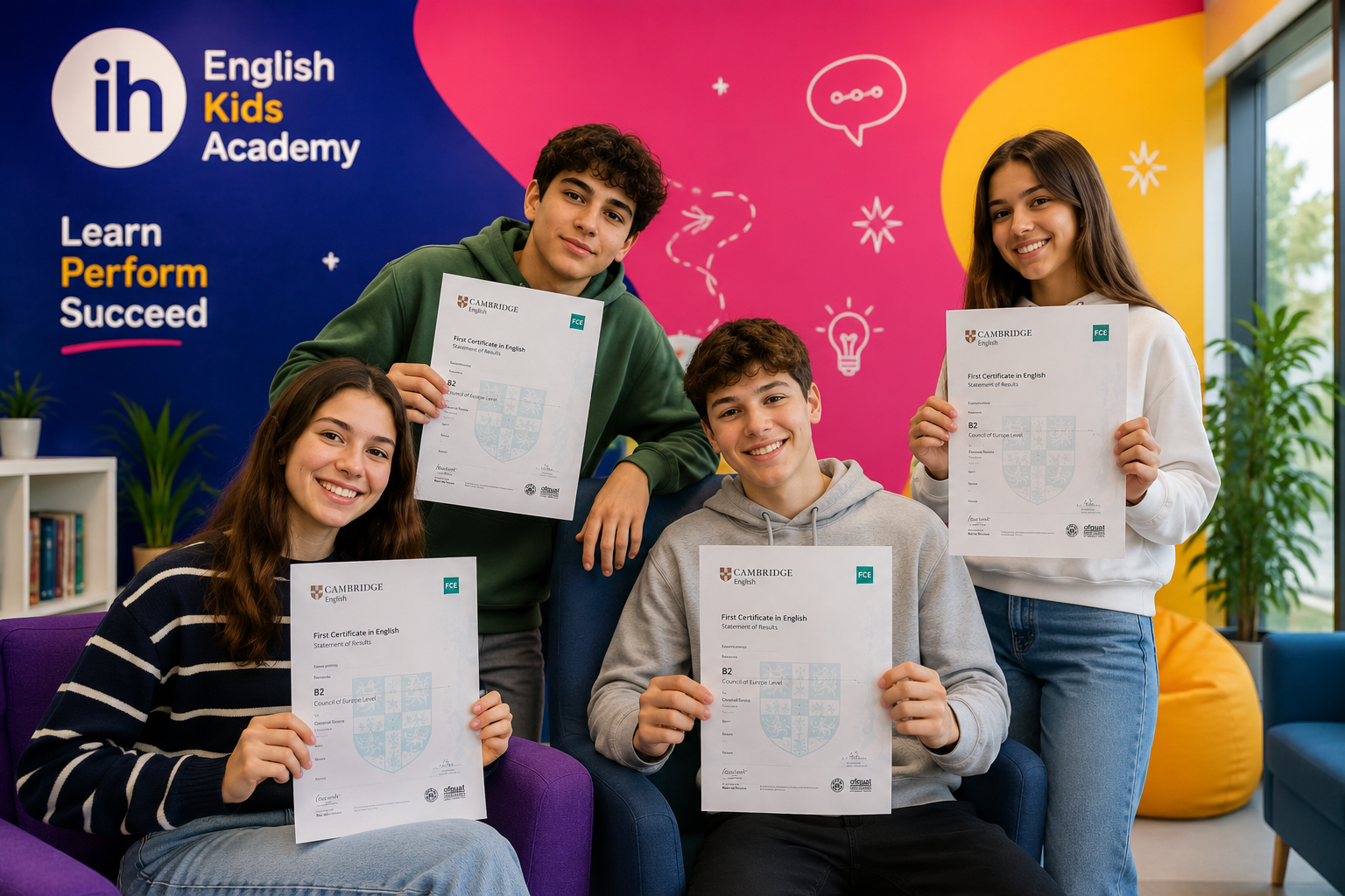 Adolescenți de 14 ani cu certificate Cambridge B2 First FCE la English Kids Academy