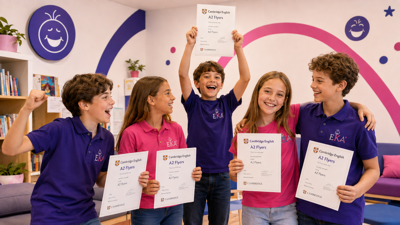 Copii de clasa a V-a ținând diplome Cambridge English A2 Flyers la English Kids Academy București