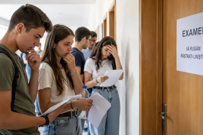 elevi emotionati in fata unei usii de examen
