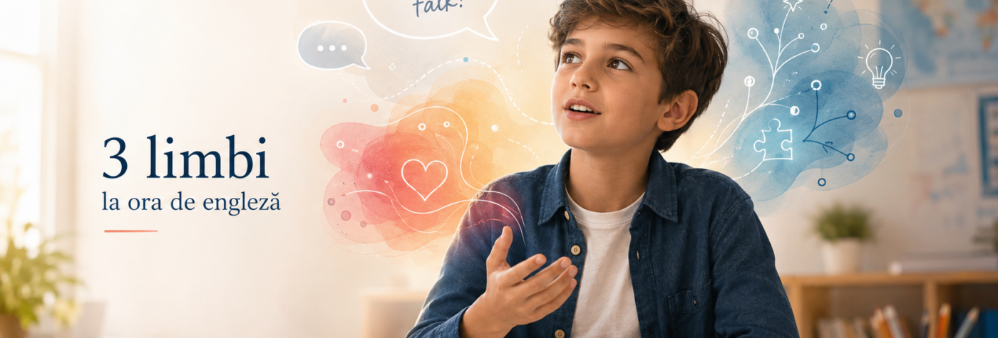 Copil vorbind la ora de engleză, cu elemente vizuale despre emoții și gândire – engleză pentru copii la English Kids Academy