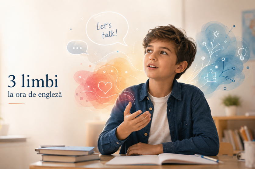 Copil vorbind la ora de engleză, cu elemente vizuale despre emoții și gândire – engleză pentru copii la English Kids Academy