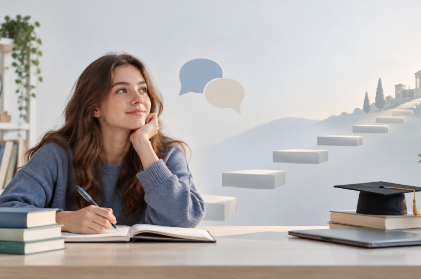 Elevă care se pregătește pentru Bacalaureat 2030, engleză nivel B2 și examen Cambridge